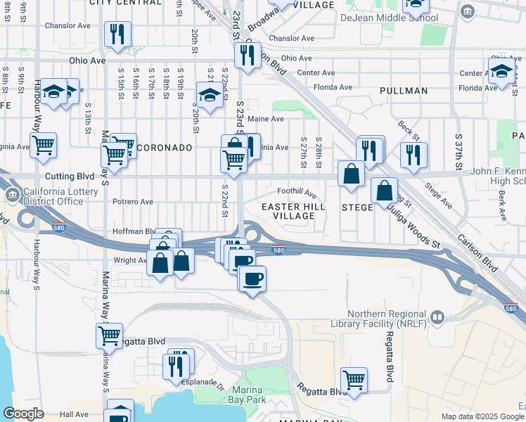 map of restaurants, bars, coffee shops, grocery stores, and more near 633 South 24th Street in Richmond