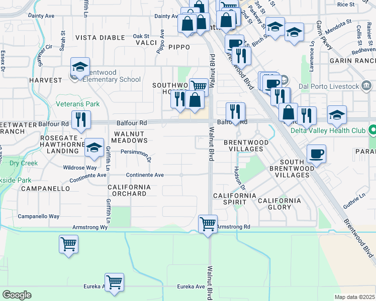 map of restaurants, bars, coffee shops, grocery stores, and more near 105 Williams Court in Brentwood