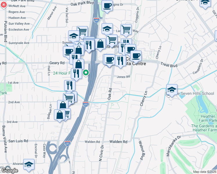 map of restaurants, bars, coffee shops, grocery stores, and more near 168 Oak Circle in Walnut Creek