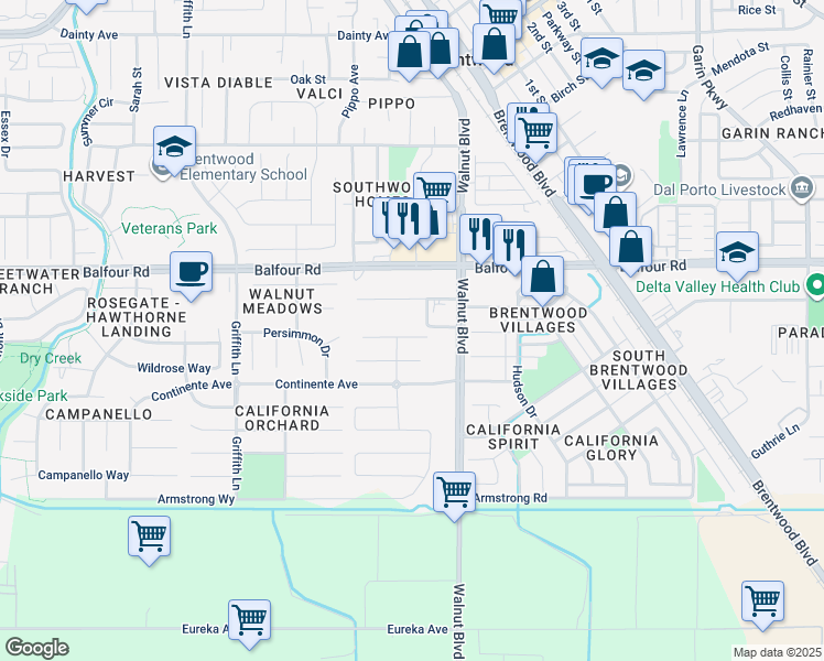 map of restaurants, bars, coffee shops, grocery stores, and more near 105 Williams Court in Brentwood