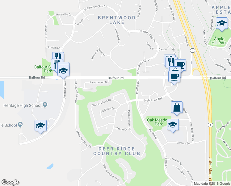 map of restaurants, bars, coffee shops, grocery stores, and more near 274 Pebble Beach Drive in Brentwood