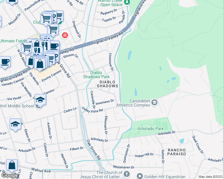 map of restaurants, bars, coffee shops, grocery stores, and more near 3305 Deerpark Drive in Walnut Creek