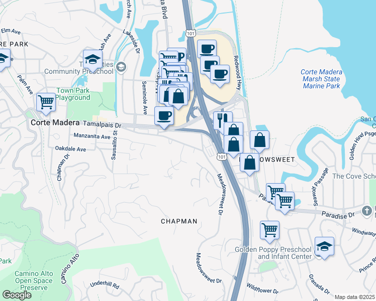 map of restaurants, bars, coffee shops, grocery stores, and more near 777 Meadowsweet Drive in Corte Madera