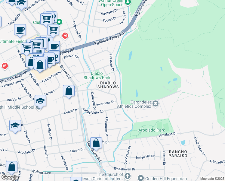 map of restaurants, bars, coffee shops, grocery stores, and more near 3305 Deerpark Drive in Walnut Creek