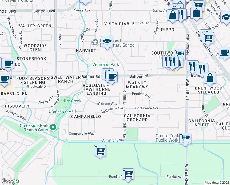 map of restaurants, bars, coffee shops, grocery stores, and more near 550 Wildrose Way in Brentwood