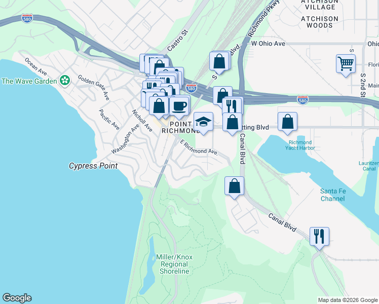 map of restaurants, bars, coffee shops, grocery stores, and more near 19 Stairley Street in Richmond