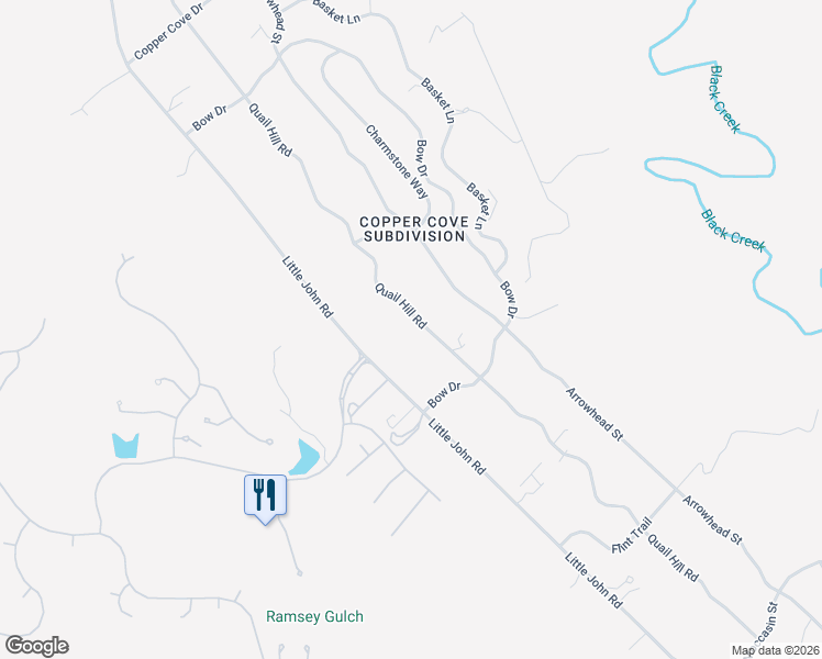 map of restaurants, bars, coffee shops, grocery stores, and more near 2836 Quail Hill Road in Copperopolis
