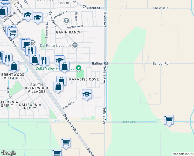 map of restaurants, bars, coffee shops, grocery stores, and more near 92 Heritage Way in Brentwood