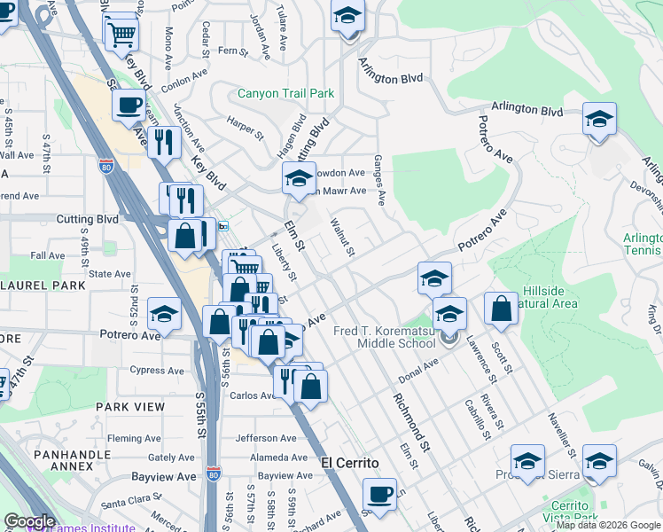 map of restaurants, bars, coffee shops, grocery stores, and more near 6811 Blake Street in El Cerrito
