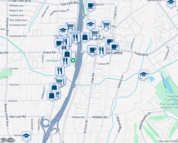 map of restaurants, bars, coffee shops, grocery stores, and more near 225 Oak Circle in Walnut Creek