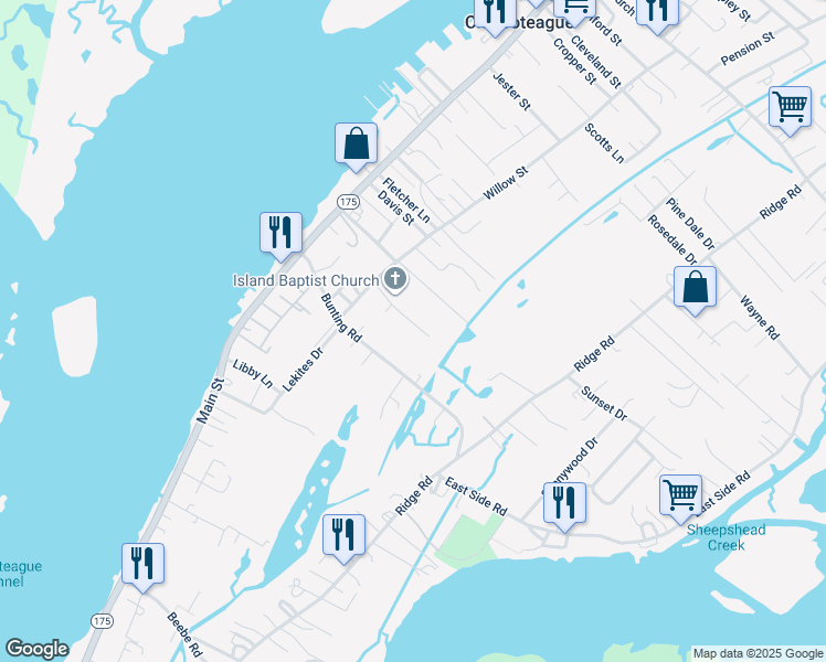 map of restaurants, bars, coffee shops, grocery stores, and more near 7134 Silver Sails Landing in Chincoteague