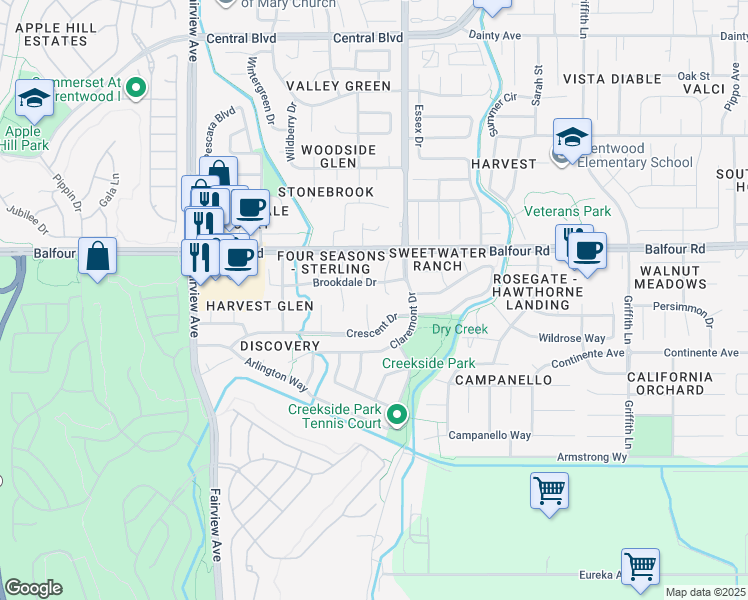 map of restaurants, bars, coffee shops, grocery stores, and more near 126 Moss Hollow Court in Brentwood