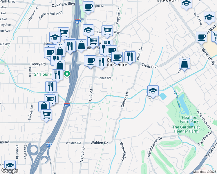 map of restaurants, bars, coffee shops, grocery stores, and more near 2734 Oak Road in Walnut Creek