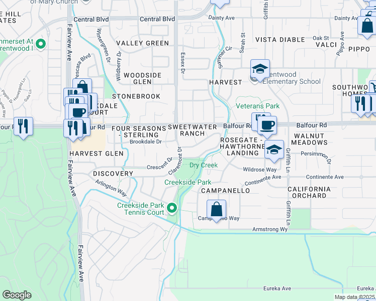 map of restaurants, bars, coffee shops, grocery stores, and more near 950 Woodsong Lane in Brentwood