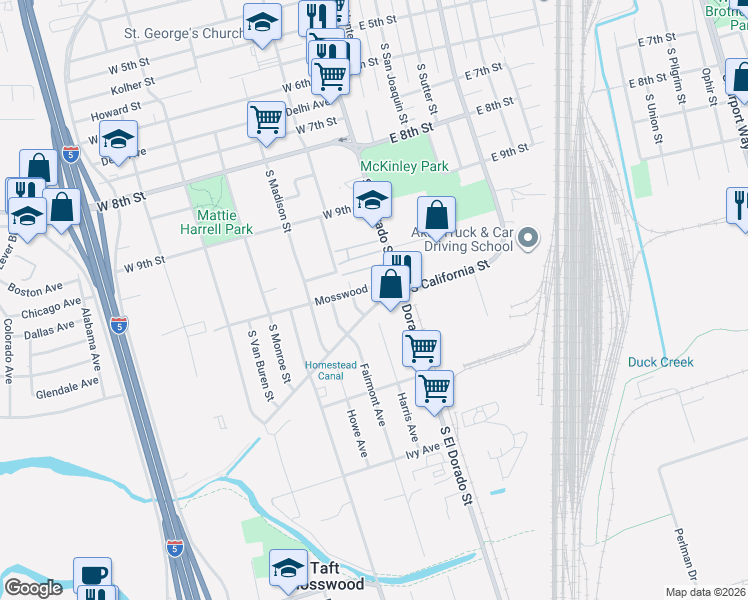 map of restaurants, bars, coffee shops, grocery stores, and more near 138 Horton Avenue in Stockton