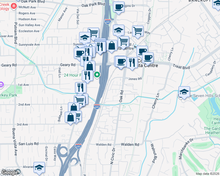 map of restaurants, bars, coffee shops, grocery stores, and more near 2723 Oak Road in Walnut Creek