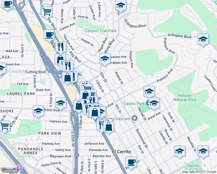 map of restaurants, bars, coffee shops, grocery stores, and more near 6603 Blake Street in El Cerrito