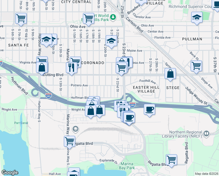 map of restaurants, bars, coffee shops, grocery stores, and more near 650 South 20th Street in Richmond
