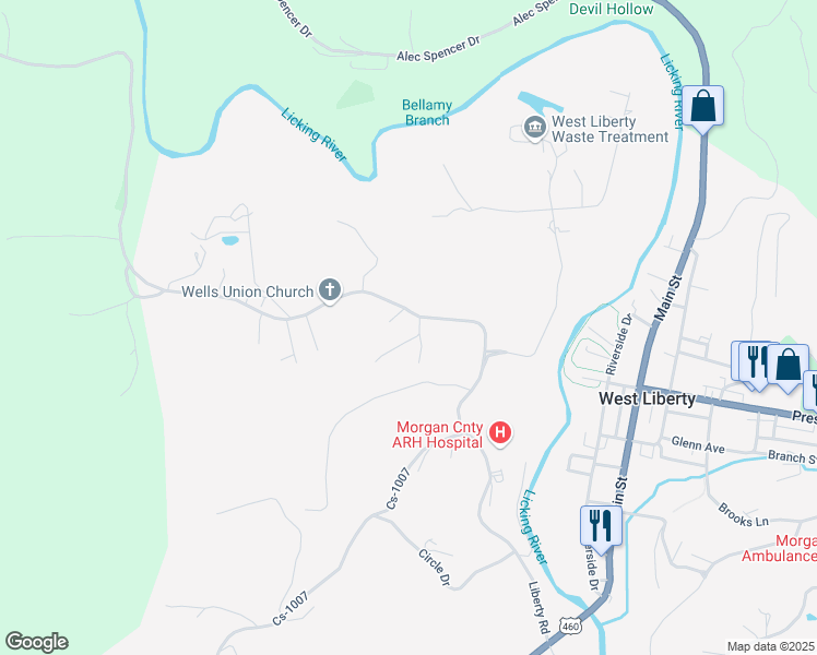 map of restaurants, bars, coffee shops, grocery stores, and more near 915 Liberty Road in West Liberty