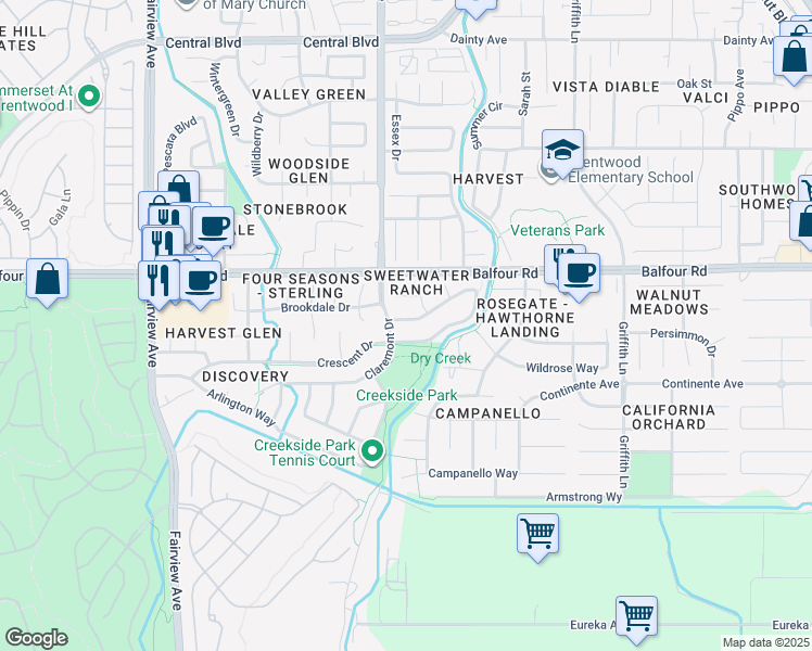 map of restaurants, bars, coffee shops, grocery stores, and more near 950 Woodsong Lane in Brentwood