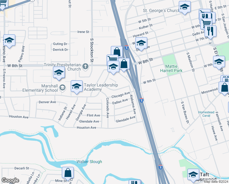 map of restaurants, bars, coffee shops, grocery stores, and more near 724 Boston Avenue in Stockton
