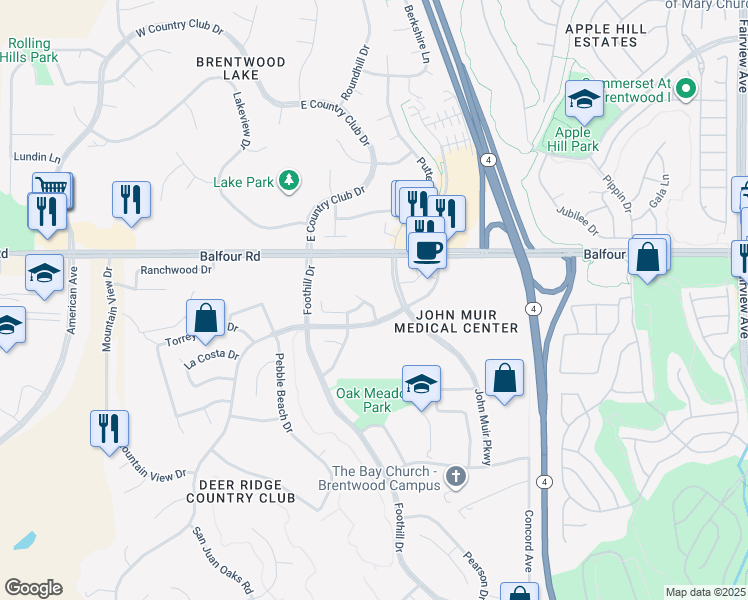 map of restaurants, bars, coffee shops, grocery stores, and more near 2367 Fernwood Lane in Brentwood