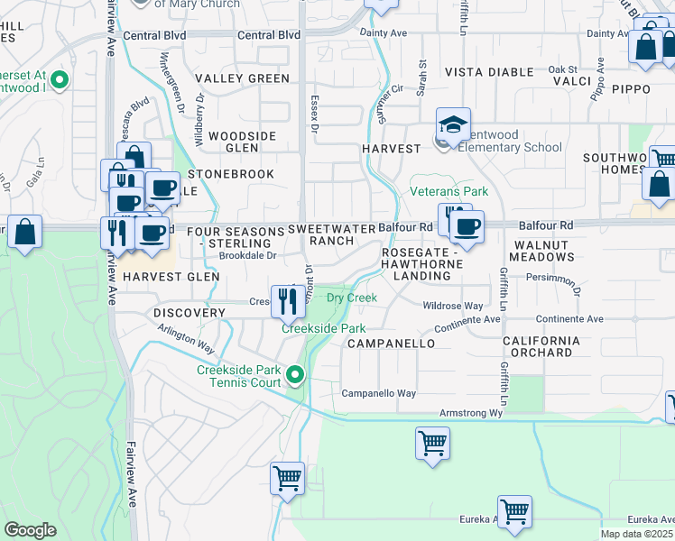map of restaurants, bars, coffee shops, grocery stores, and more near 900 Woodsong Lane in Brentwood