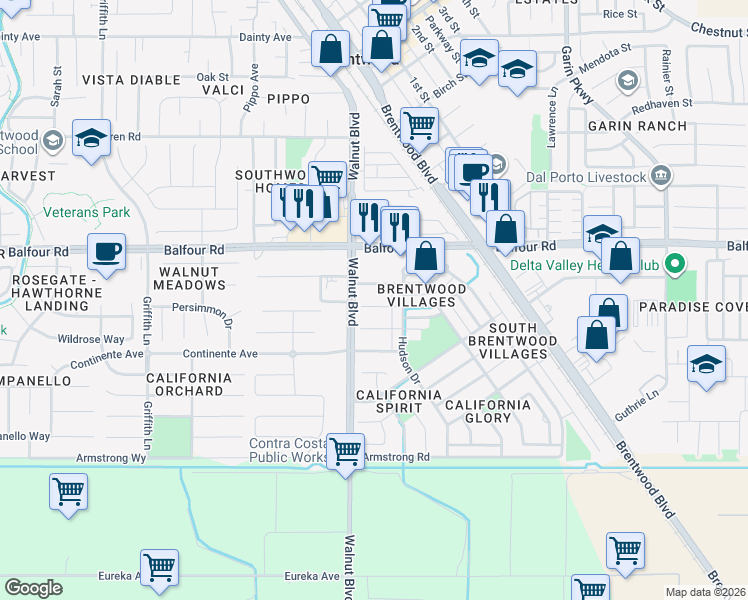 map of restaurants, bars, coffee shops, grocery stores, and more near 69 Lexington Court in Brentwood