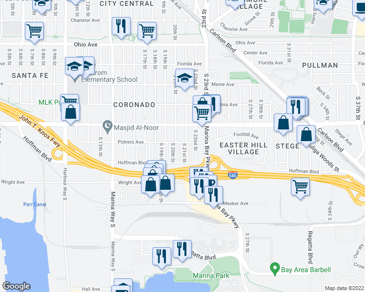 map of restaurants, bars, coffee shops, grocery stores, and more near 609 South 21st Street in Richmond