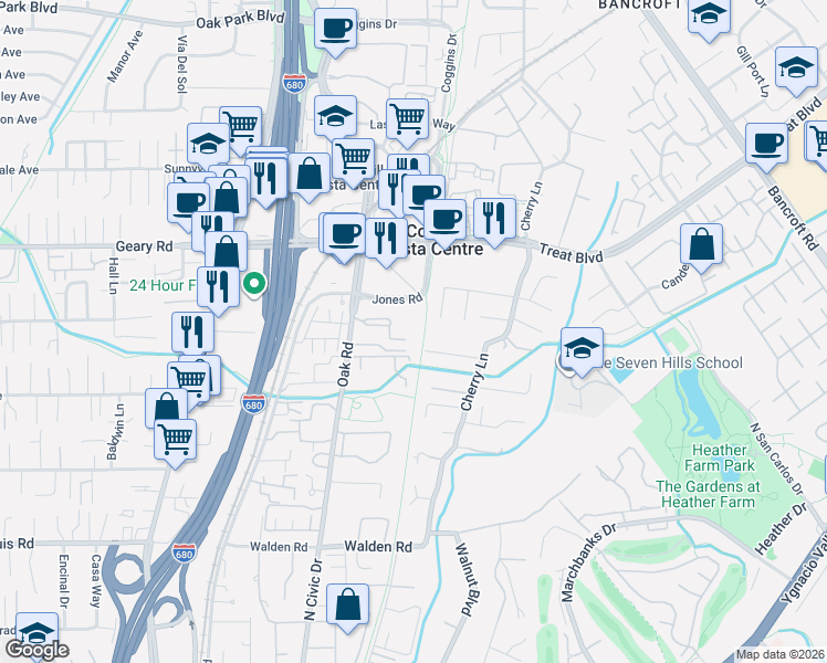 map of restaurants, bars, coffee shops, grocery stores, and more near 2734 Oak Road in Walnut Creek