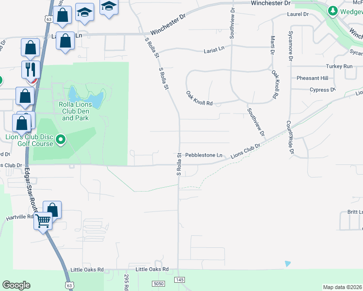 map of restaurants, bars, coffee shops, grocery stores, and more near 200 Becca Drive in Rolla