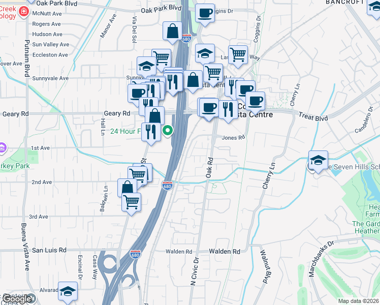 map of restaurants, bars, coffee shops, grocery stores, and more near 2770 Jones Road in Walnut Creek