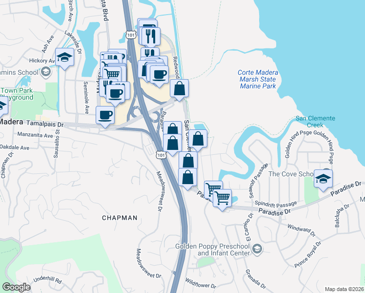 map of restaurants, bars, coffee shops, grocery stores, and more near 37 San Clemente Drive in Corte Madera