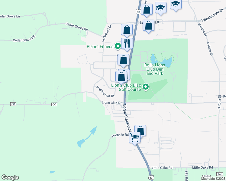 map of restaurants, bars, coffee shops, grocery stores, and more near 539 Boxelder Drive in Rolla