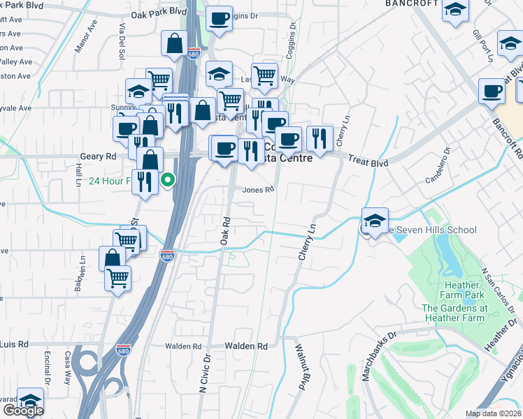 map of restaurants, bars, coffee shops, grocery stores, and more near 2738 Oak Road in Walnut Creek