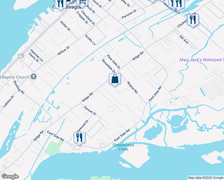 map of restaurants, bars, coffee shops, grocery stores, and more near 7131 Horseshoe Dr in Chincoteague Island