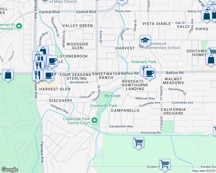 map of restaurants, bars, coffee shops, grocery stores, and more near 900 Woodsong Lane in Brentwood