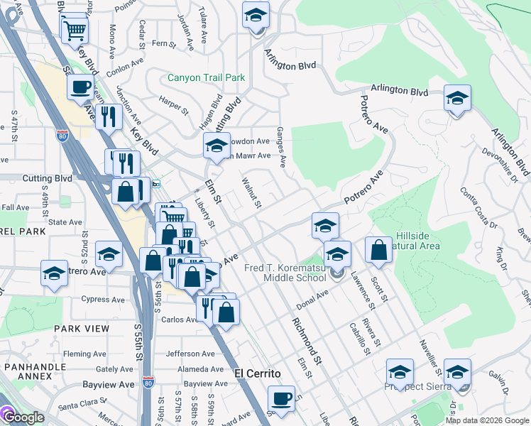 map of restaurants, bars, coffee shops, grocery stores, and more near 6922 Blake Street in El Cerrito