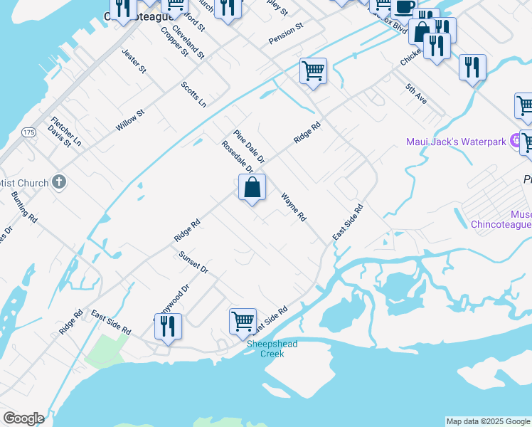 map of restaurants, bars, coffee shops, grocery stores, and more near 7131 Horseshoe Drive in Chincoteague