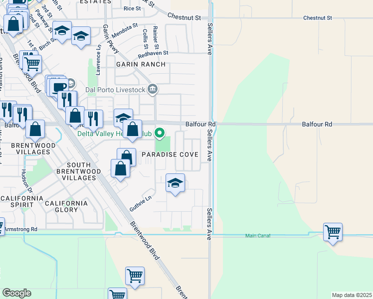 map of restaurants, bars, coffee shops, grocery stores, and more near 68 Guise Way in Brentwood