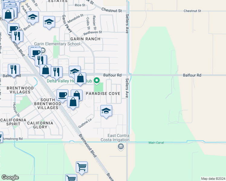 map of restaurants, bars, coffee shops, grocery stores, and more near 68 Guise Way in Brentwood