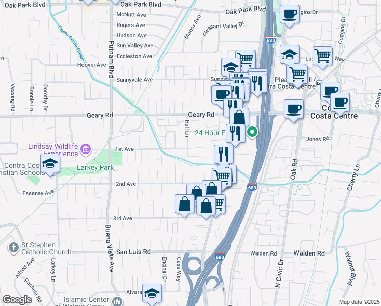 map of restaurants, bars, coffee shops, grocery stores, and more near 1595 1st Avenue in Walnut Creek