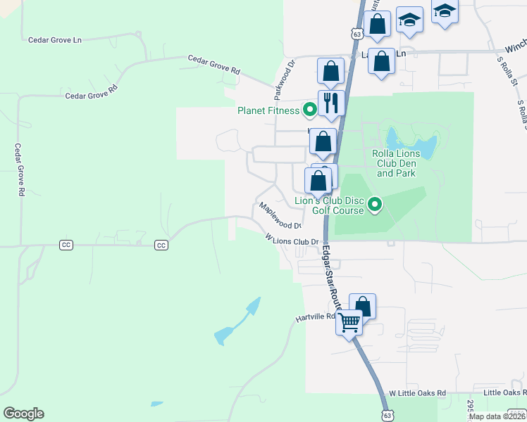 map of restaurants, bars, coffee shops, grocery stores, and more near 1169 Redwood Drive in Rolla