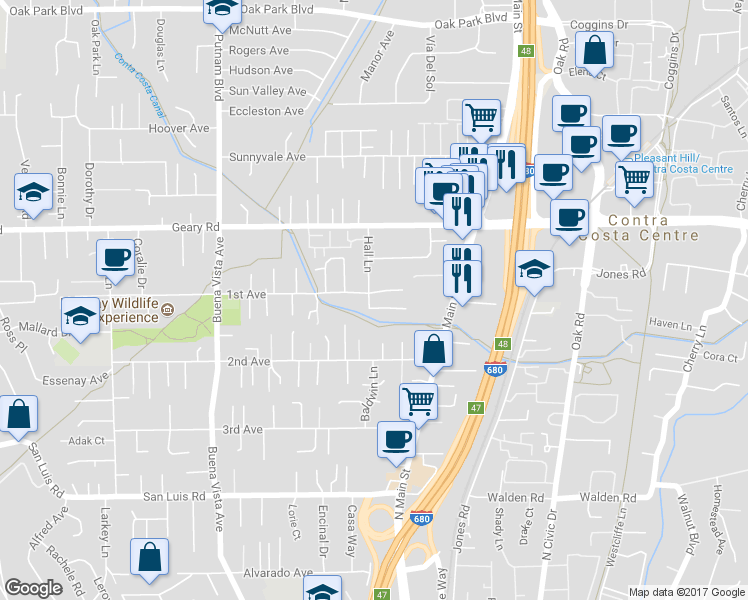 map of restaurants, bars, coffee shops, grocery stores, and more near 1595 1st Avenue in Walnut Creek