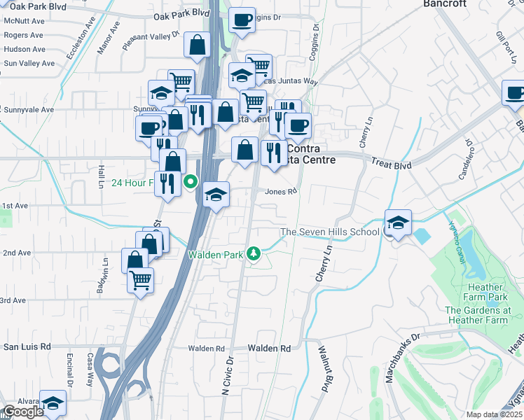 map of restaurants, bars, coffee shops, grocery stores, and more near 2730 Oak Road in Walnut Creek