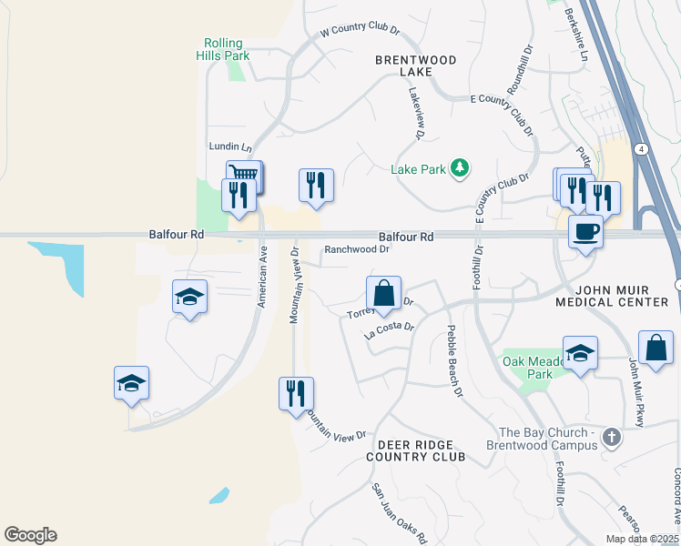 map of restaurants, bars, coffee shops, grocery stores, and more near 2636 Ranchwood Drive in Brentwood