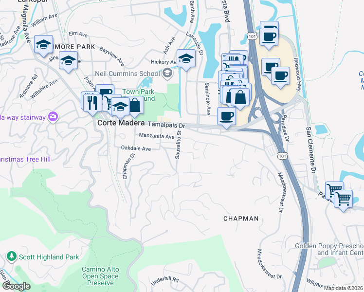map of restaurants, bars, coffee shops, grocery stores, and more near 620 Manzanita Avenue in Corte Madera
