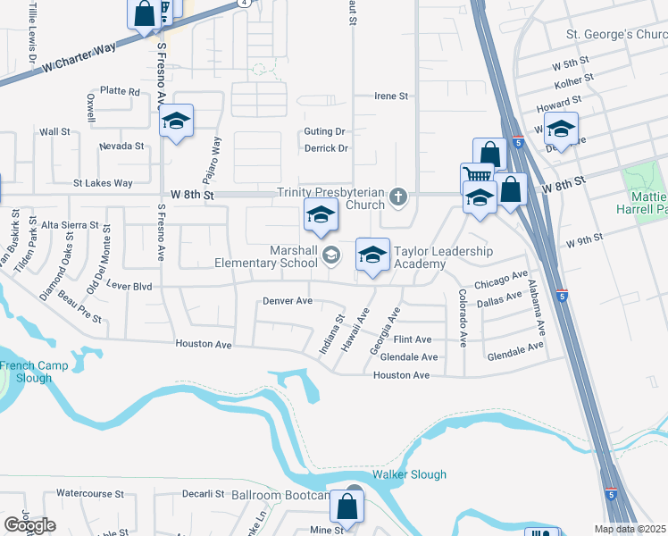 map of restaurants, bars, coffee shops, grocery stores, and more near 1141 Lever Boulevard in Stockton
