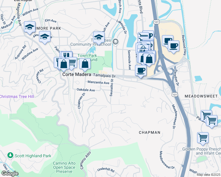 map of restaurants, bars, coffee shops, grocery stores, and more near 530 Oakdale Avenue in Corte Madera