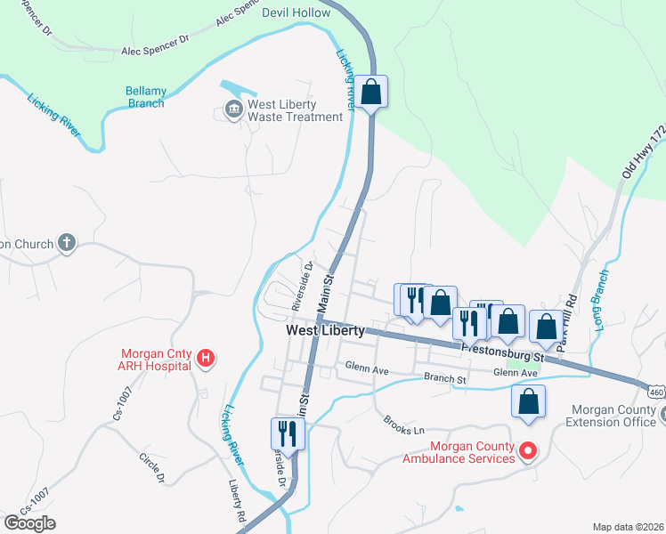 map of restaurants, bars, coffee shops, grocery stores, and more near 709 Main Street in West Liberty